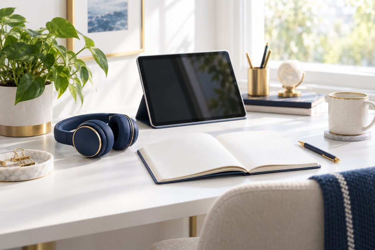 A bright desk with a tablet, headphones and a navy notebook