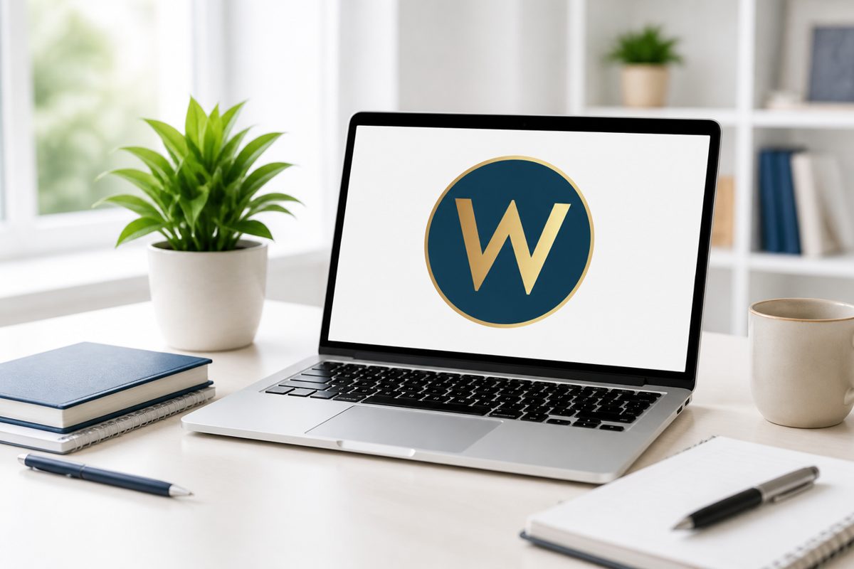 A laptop showing the Wright Care W badge on a bright desk with books